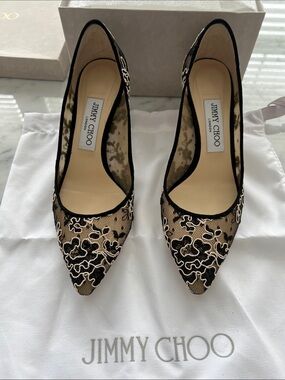 Jimmy Choo Black Lace Romy 60 Pointed Toe Pump Heels Size 37 Like New